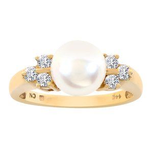 7.7mm Cultured Pearl and Round Diamond Ring 14K YG